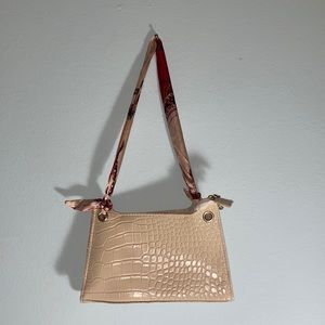Tan Snakeskin Shoulder Bag with Scarf Handle